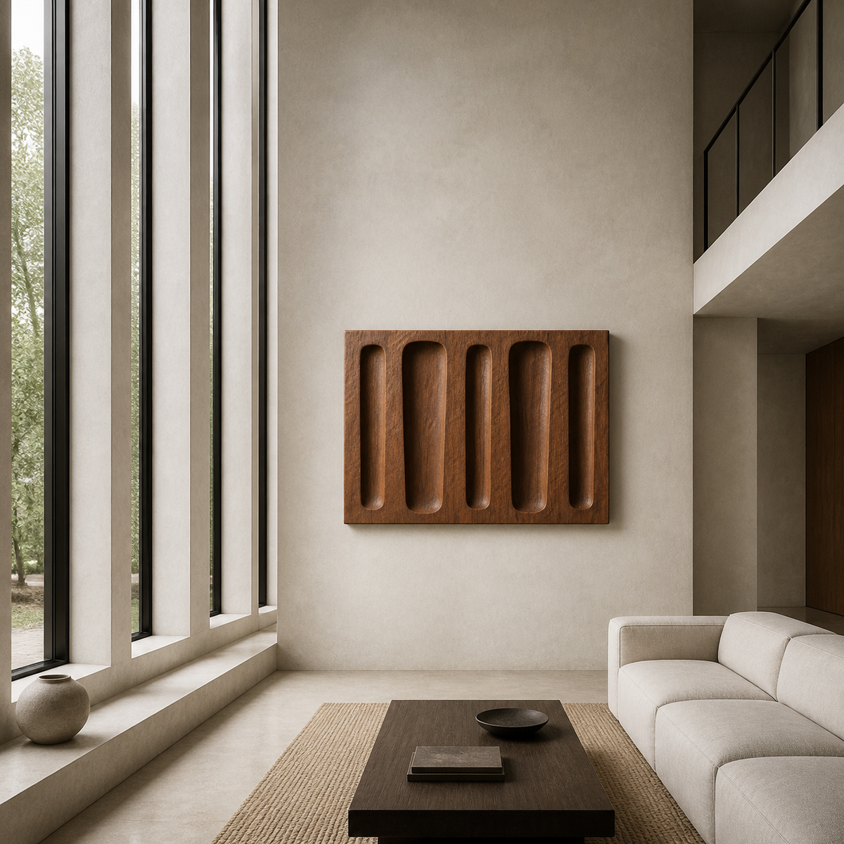 Groove Rhythm Relief, carved teak wood wall art — interior view
