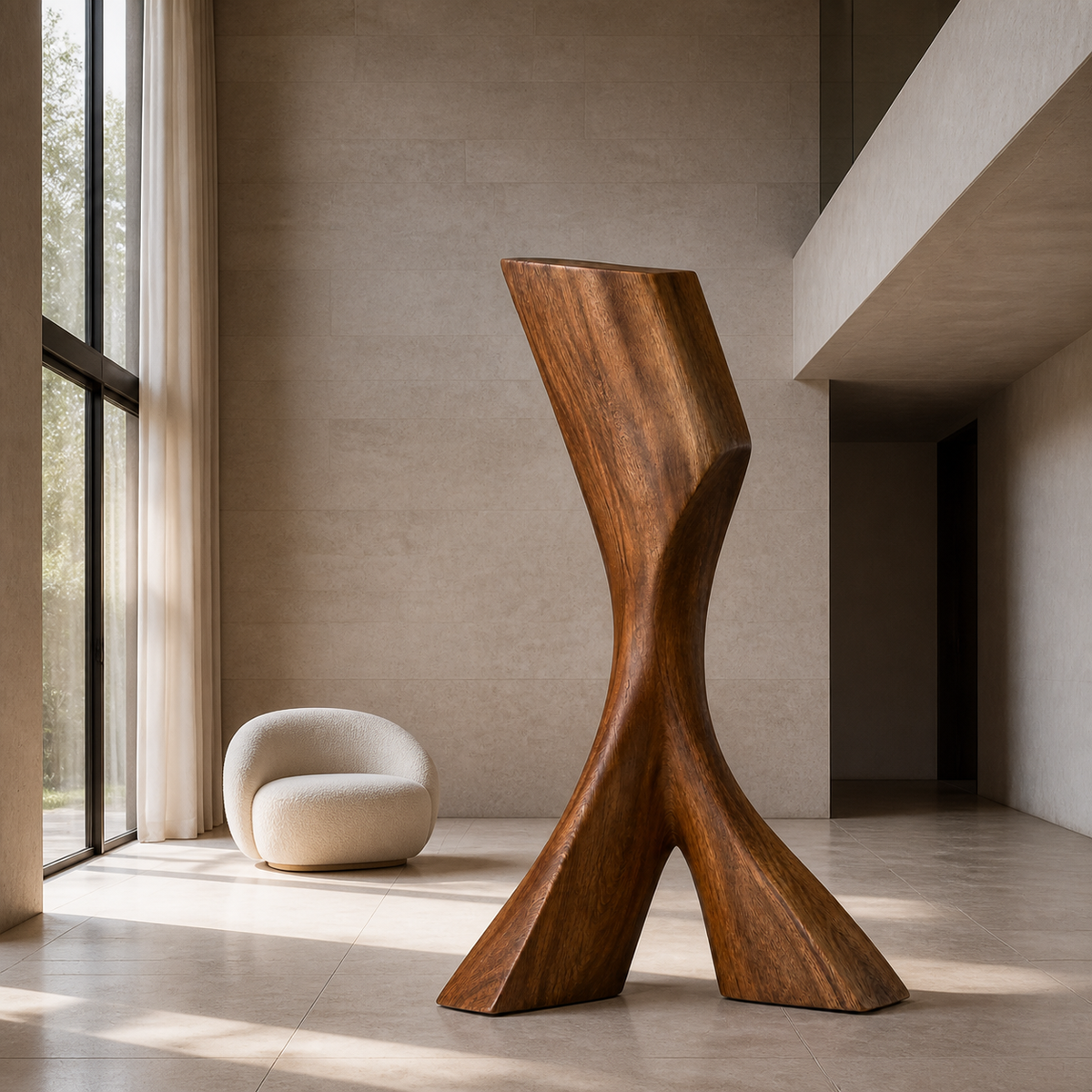 Splayed Axis, teak wood floor sculpture — interior view