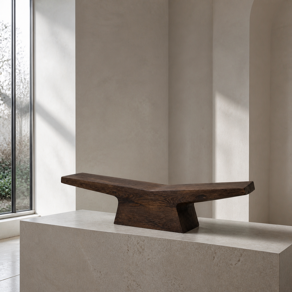 Pivot Lintel, teak wood console sculpture — interior view
