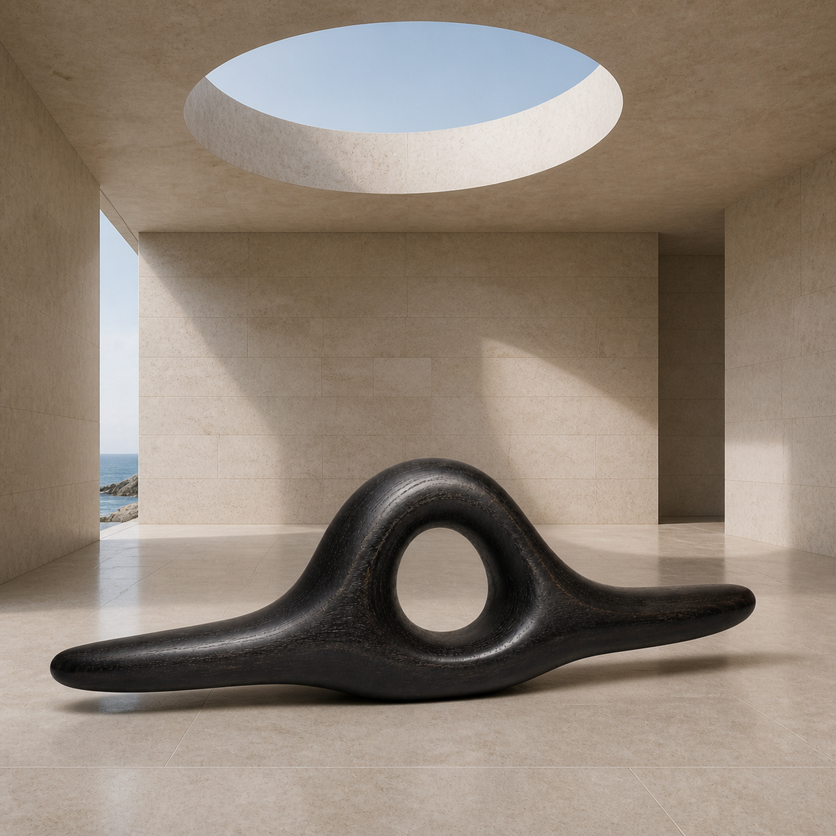 Knotted Lintel, teak wood console sculpture — interior view