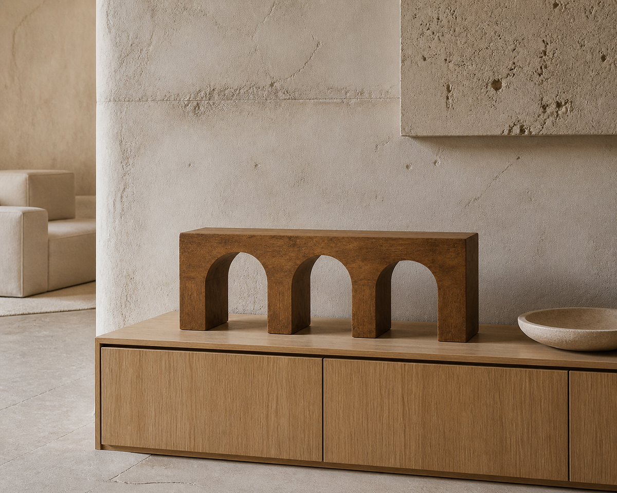 Triple Vault, teak wood console sculpture — interior view
