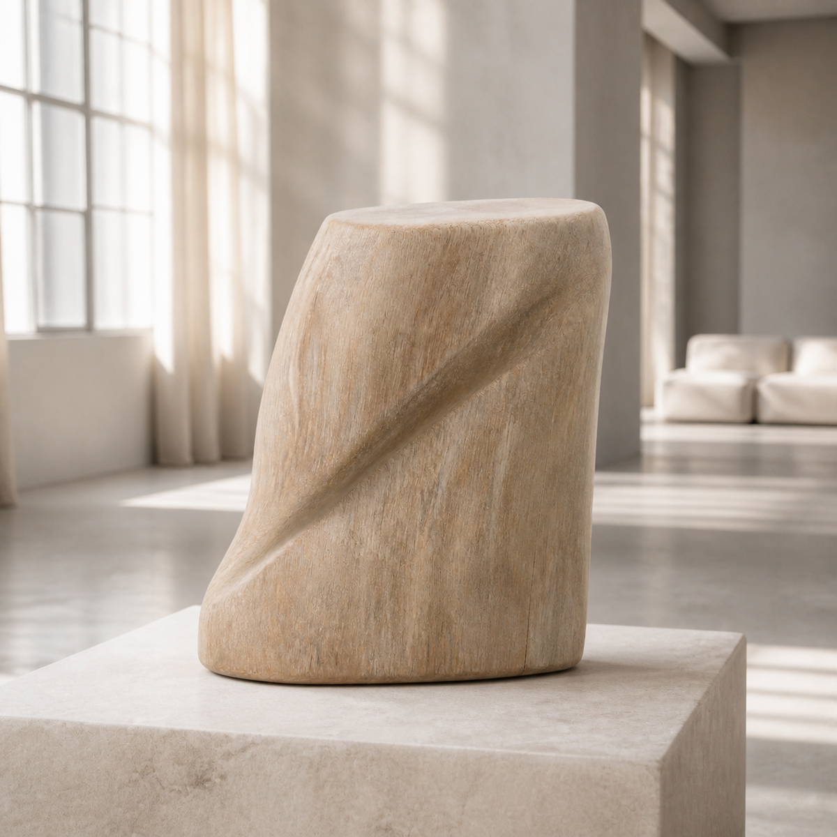 Balance Fold, abstract teak wood sculpture — interior view