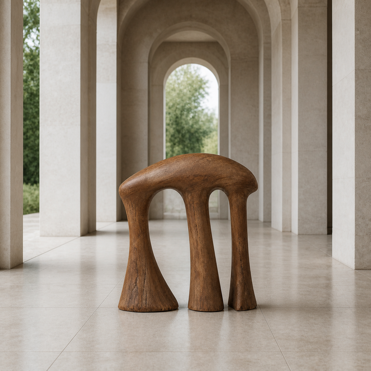 Offset Colonnade, teak wood console sculpture — interior view