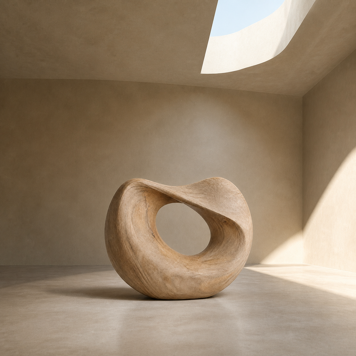 Folded Orbit, abstract teak wood sculpture — interior view