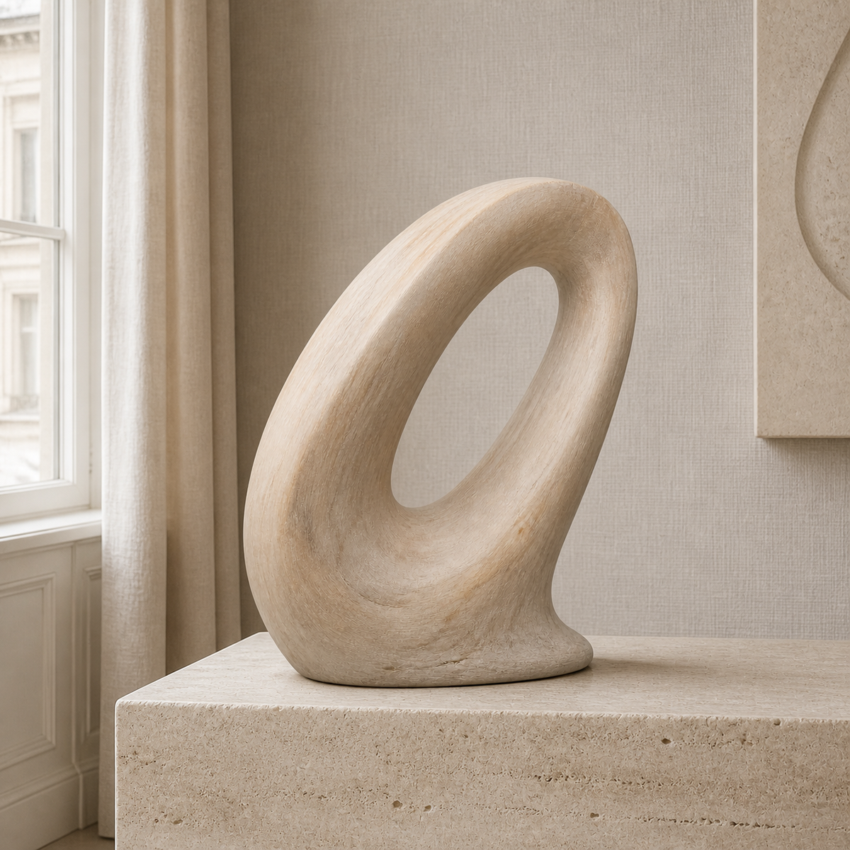 Oblique Halo, abstract teak wood sculpture — interior view