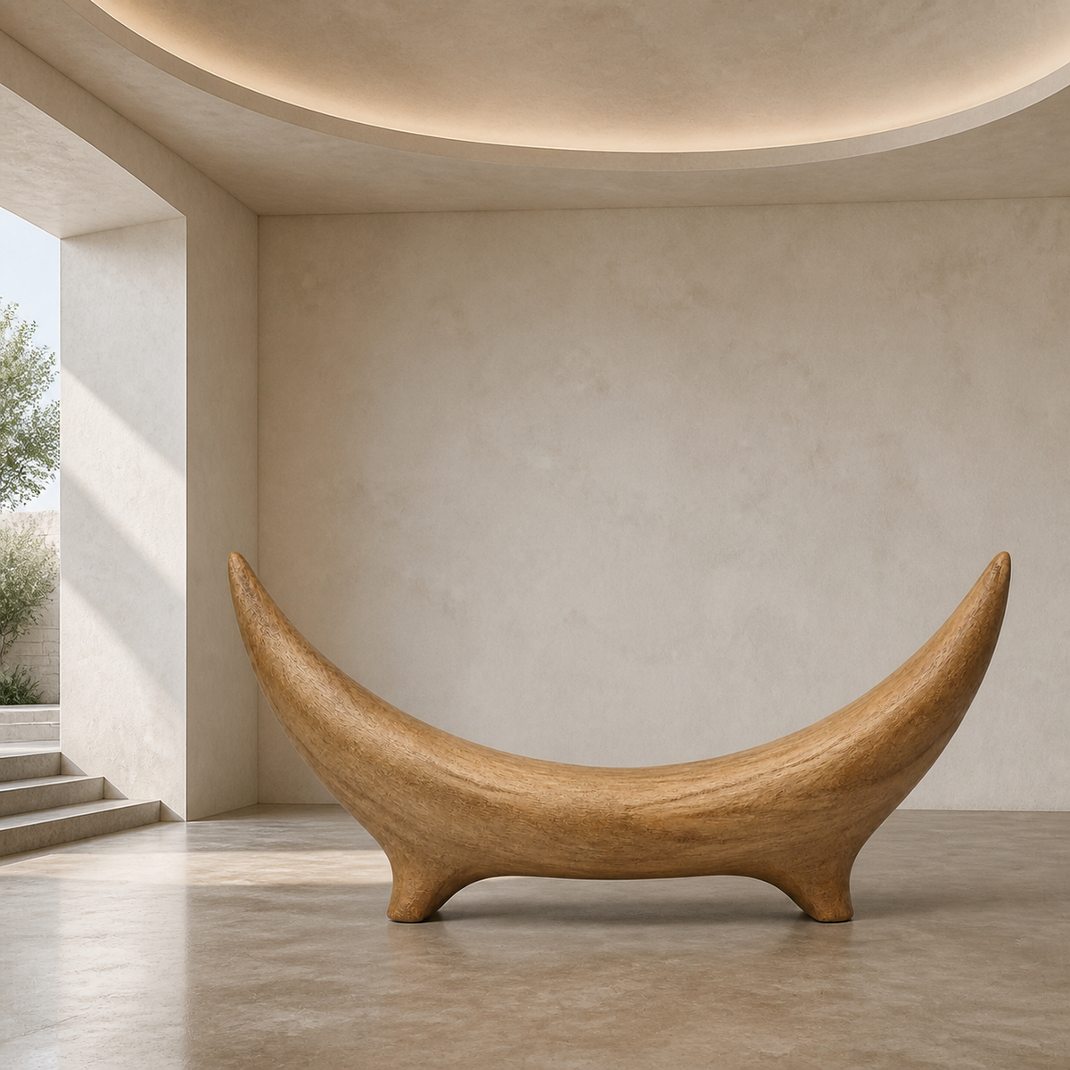 Bridged Crescent, teak wood console sculpture — interior view