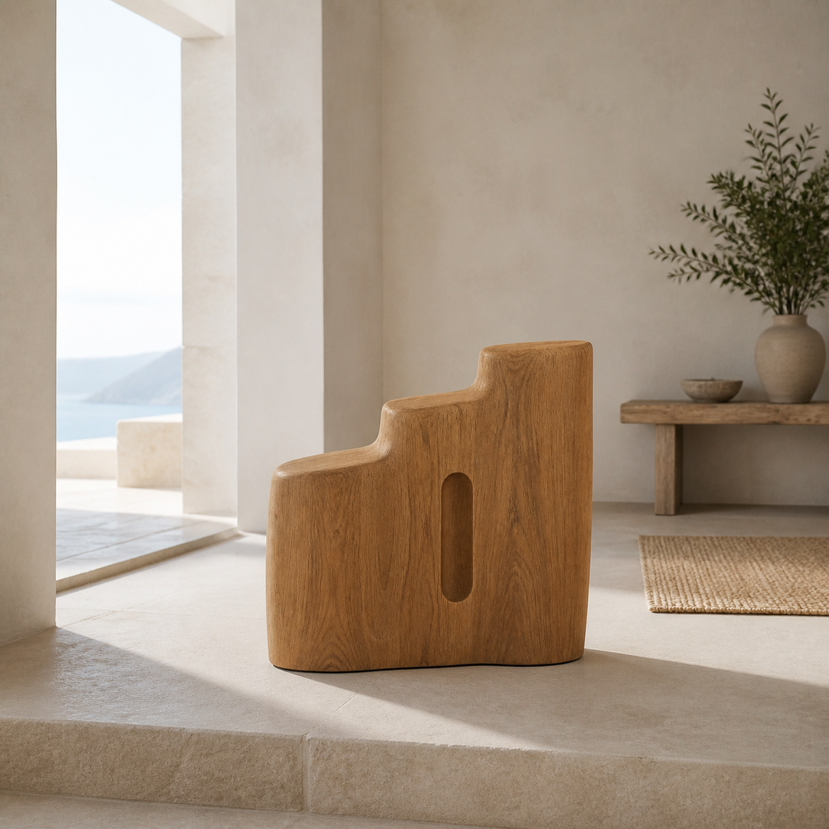 Terraced Rise, teak wood floor sculpture — interior view