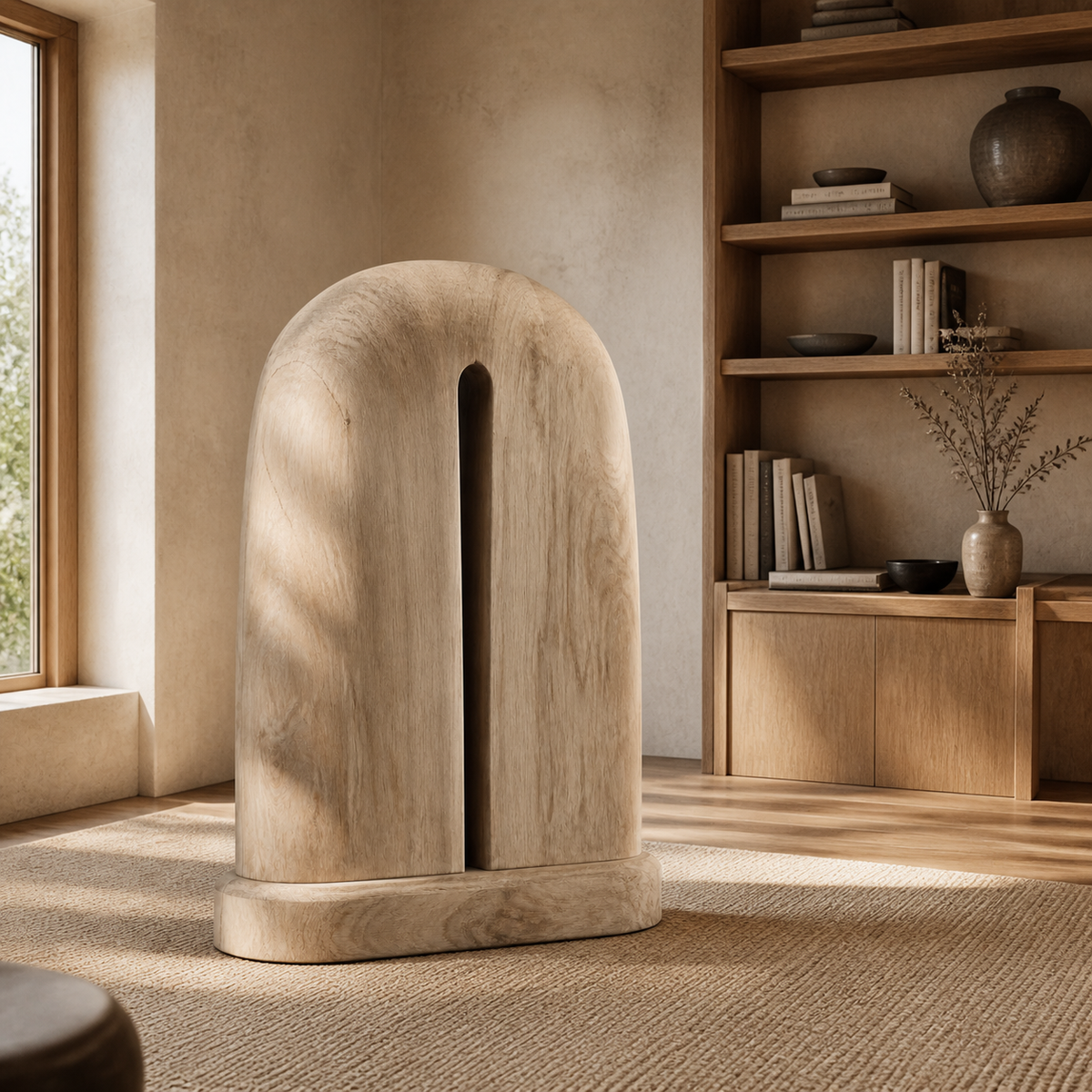 Crowned Slot, teak wood floor sculpture — interior view