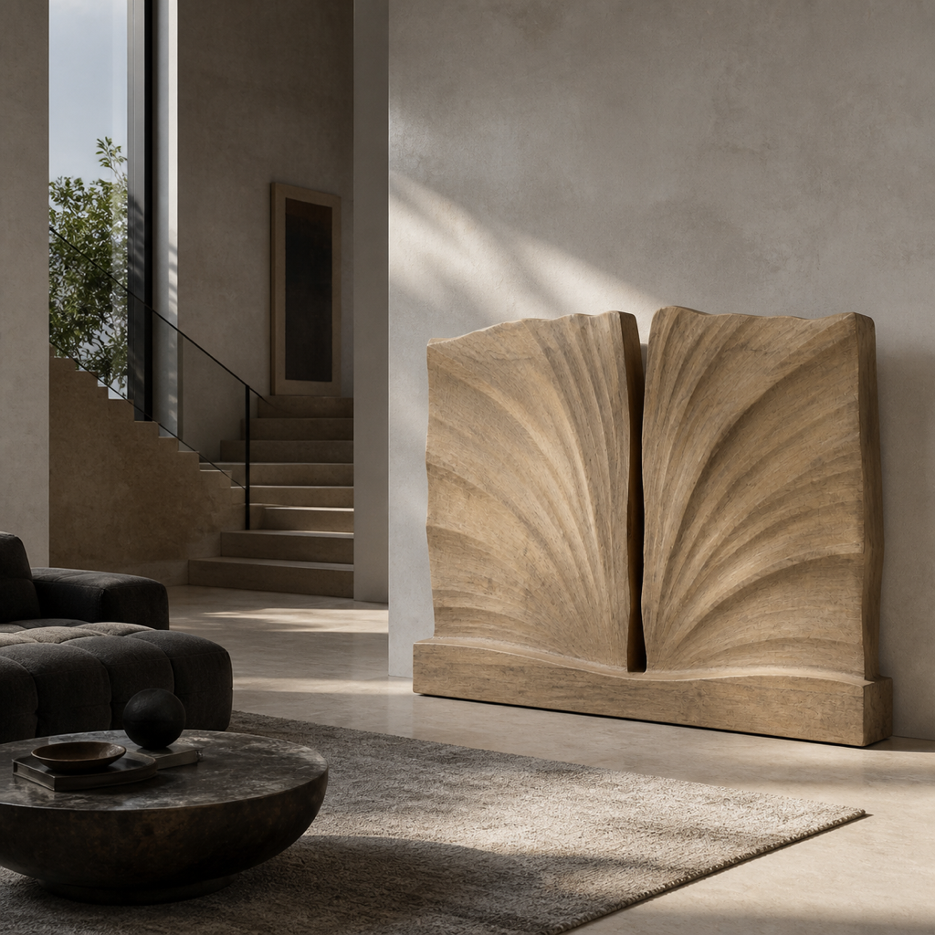 Axial Field, carved teak wood wall art — interior view