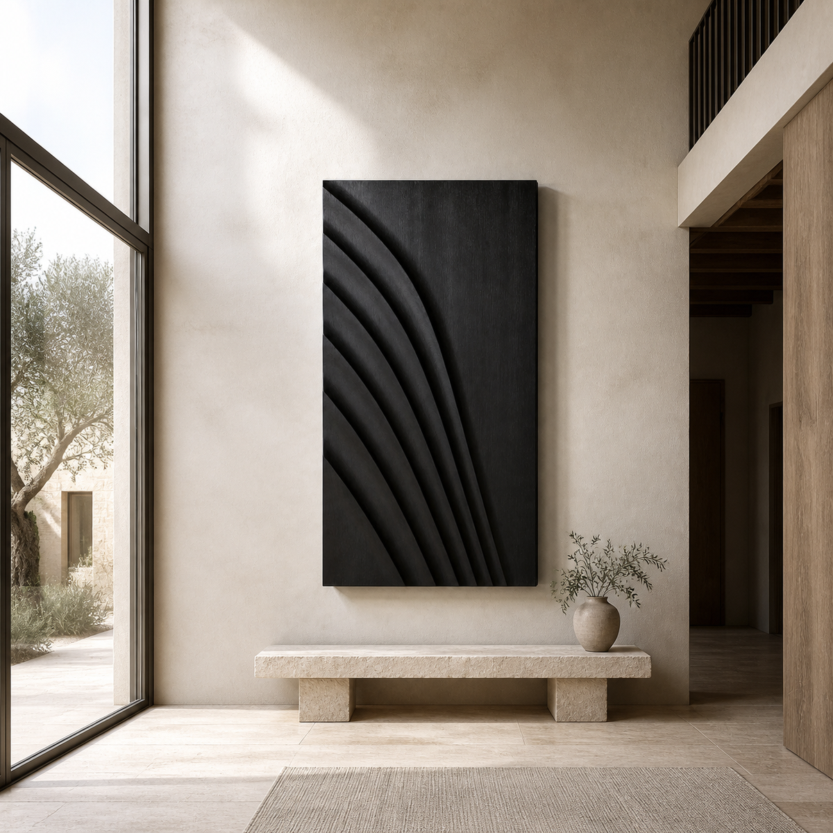 Rain Shadow Relief, carved teak wood wall art — interior view