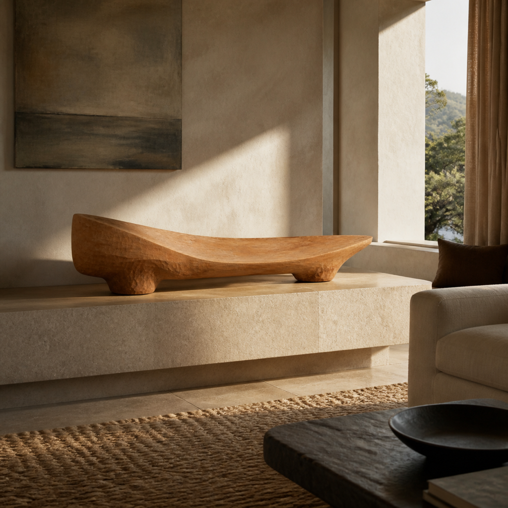 Saddle Plane, teak wood console sculpture — interior view