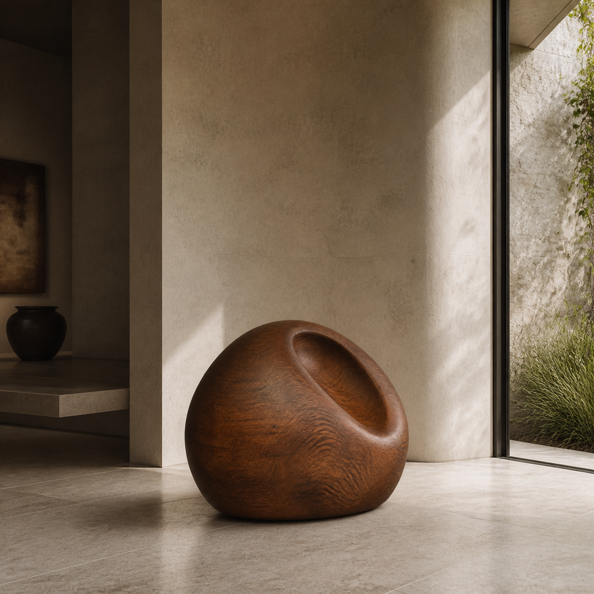 Tension Vessel, abstract teak wood sculpture — interior view