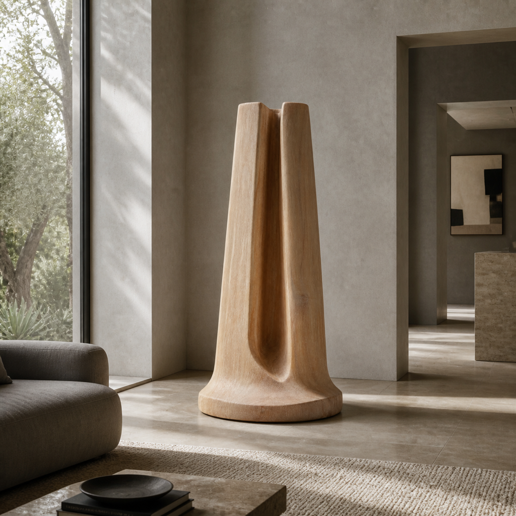 Veil Column, teak wood floor sculpture — interior view