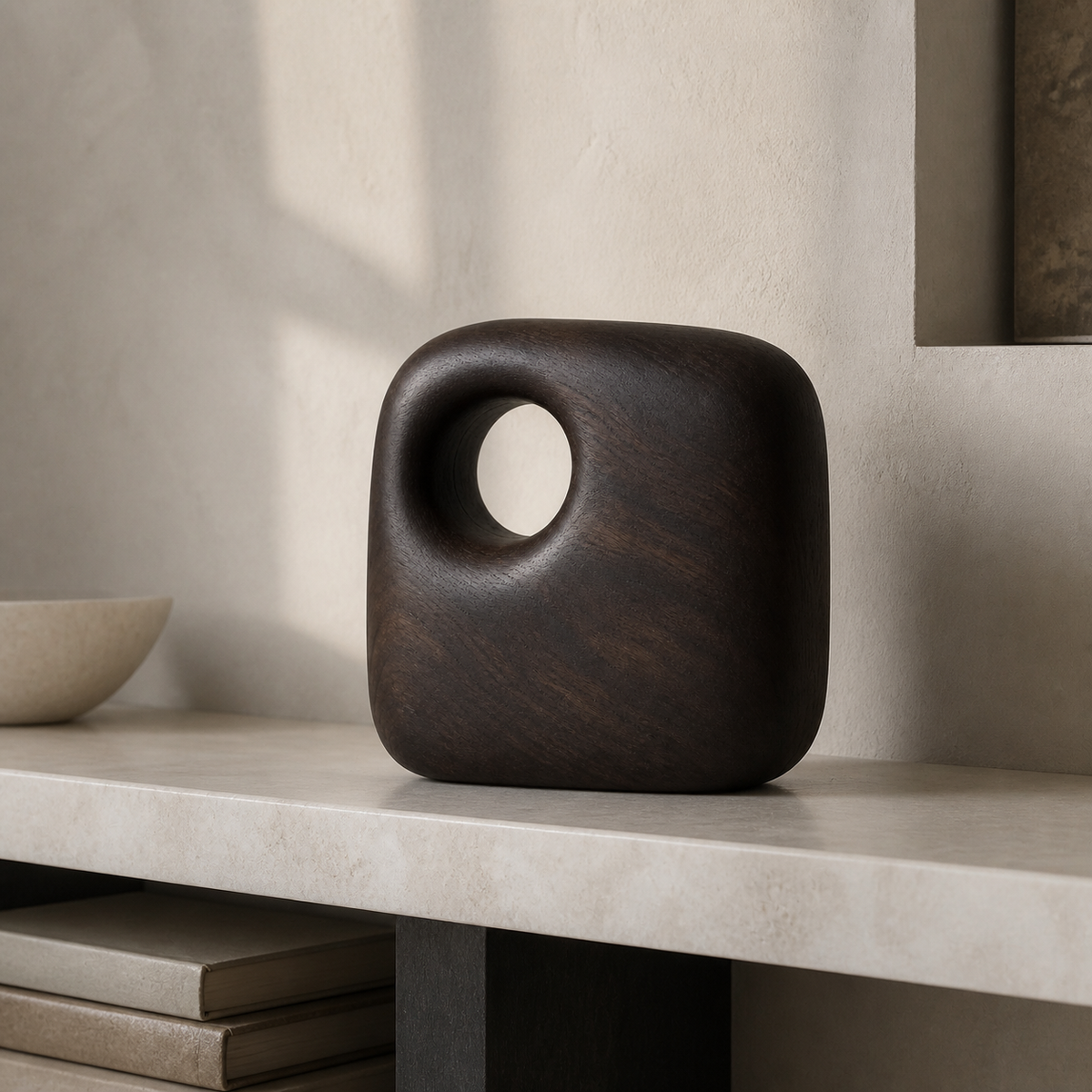 Captured Void, teak wood tabletop sculpture — interior view