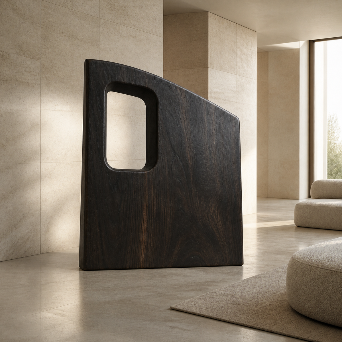 Offset Portal, teak wood floor sculpture — interior view