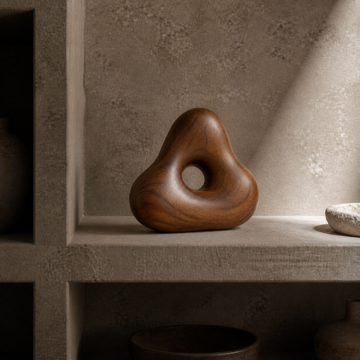 Knotted Aperture, teak wood tabletop sculpture — interior view