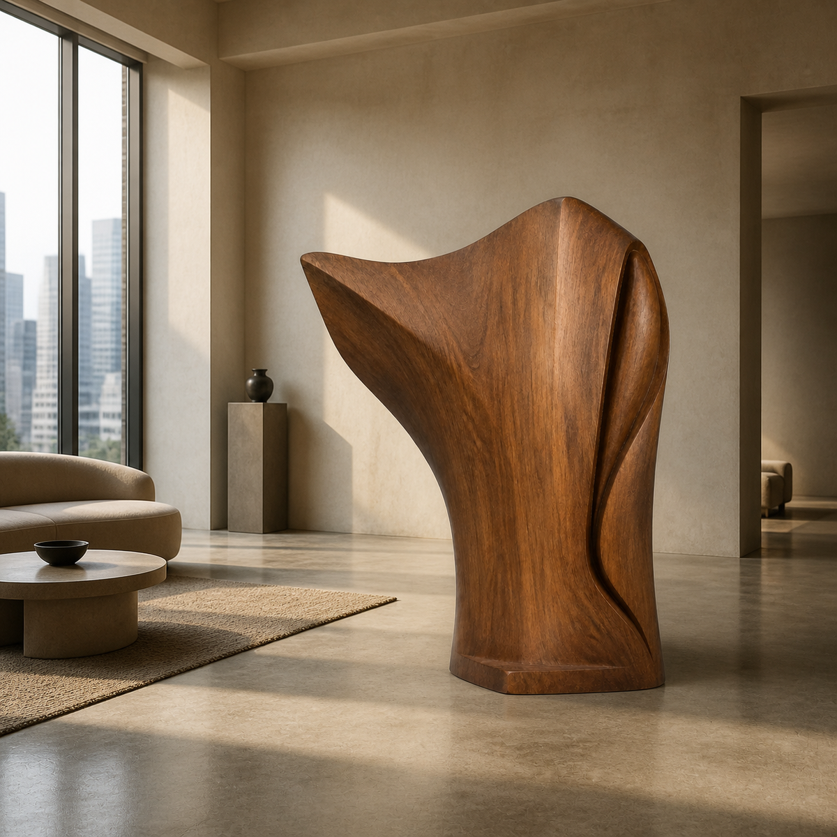 Compression Wing, teak wood floor sculpture — interior view