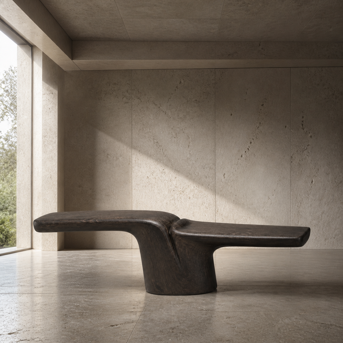 Folded Span, teak wood console sculpture — interior view
