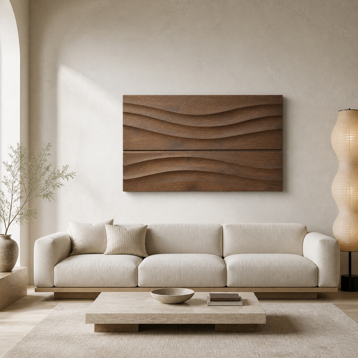 Still Horizon Relief, carved teak wood wall art — interior view