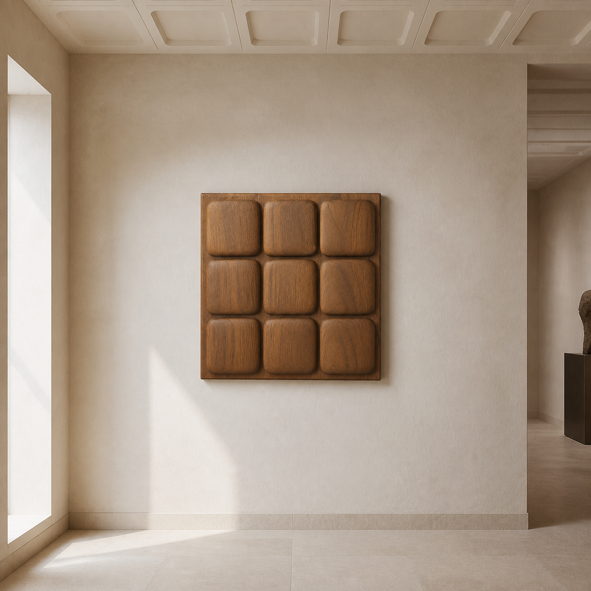 Ancestral Grid Relief, carved teak wood wall art — interior view