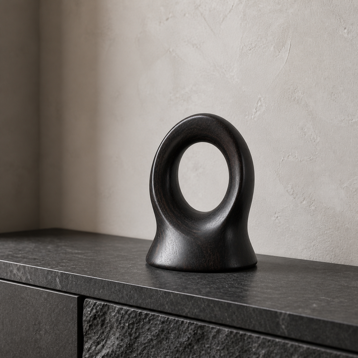 Rooted Loop, teak wood tabletop sculpture — interior view