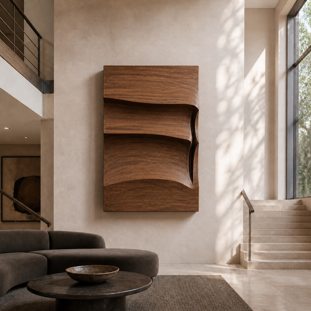 Strata Veil, carved teak wood wall art — interior view