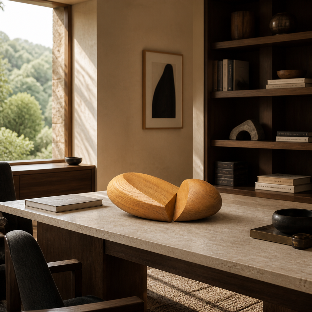 Nucleus Pair, teak wood tabletop sculpture — interior view