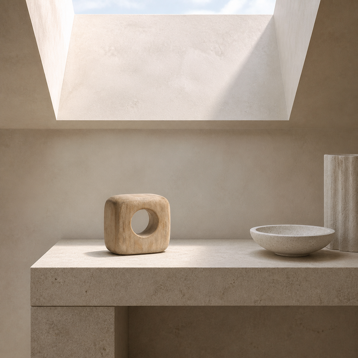 Void Cube Study, teak wood tabletop sculpture — interior view