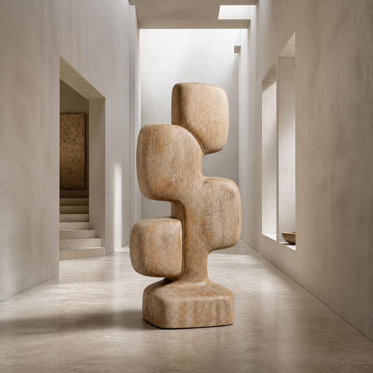Cairn Spine, teak wood floor sculpture — interior view
