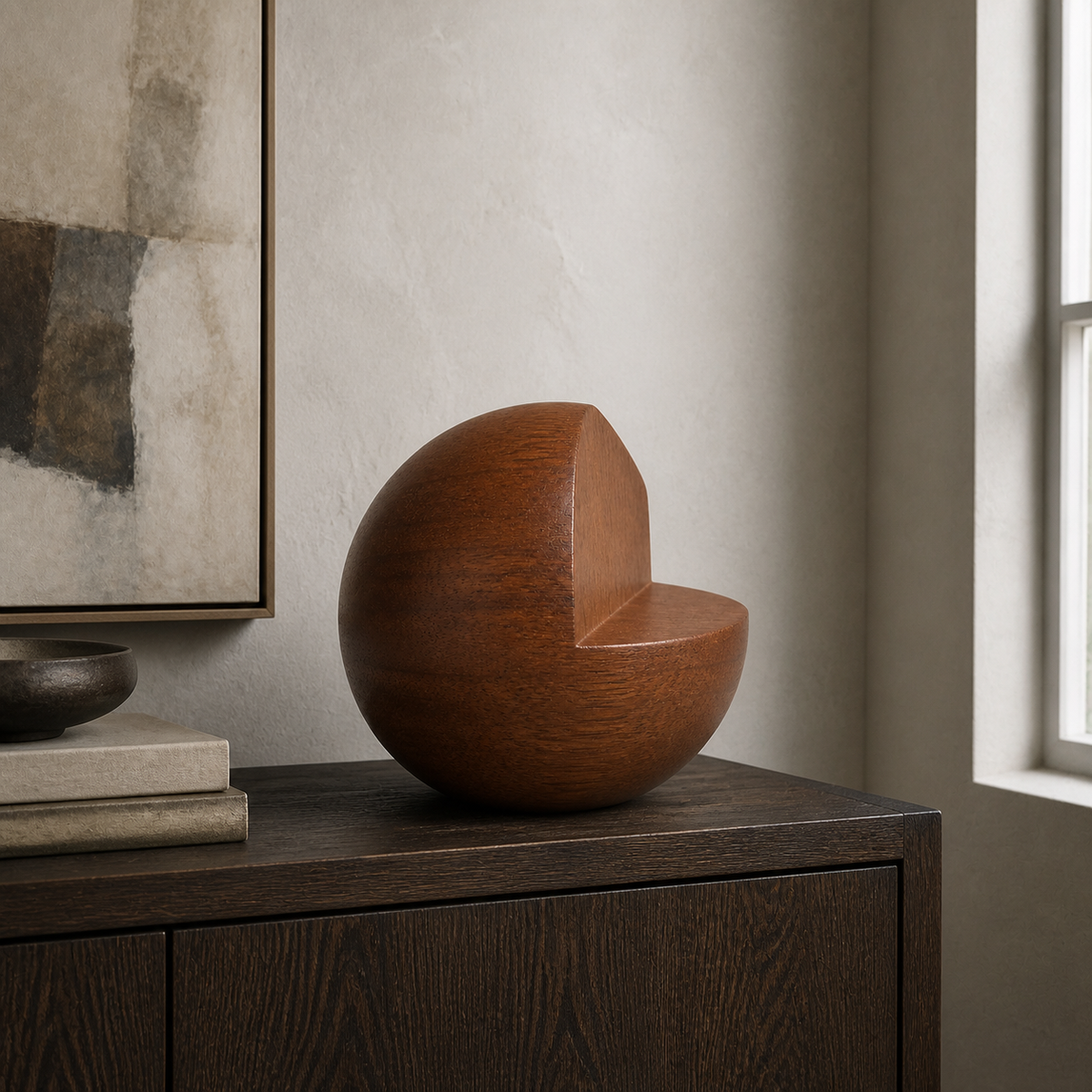 Notched Orb, teak wood tabletop sculpture — interior view