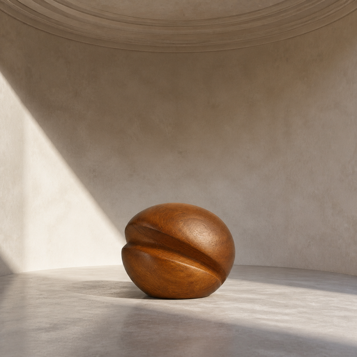 Pressed Helix, abstract teak wood sculpture — interior view