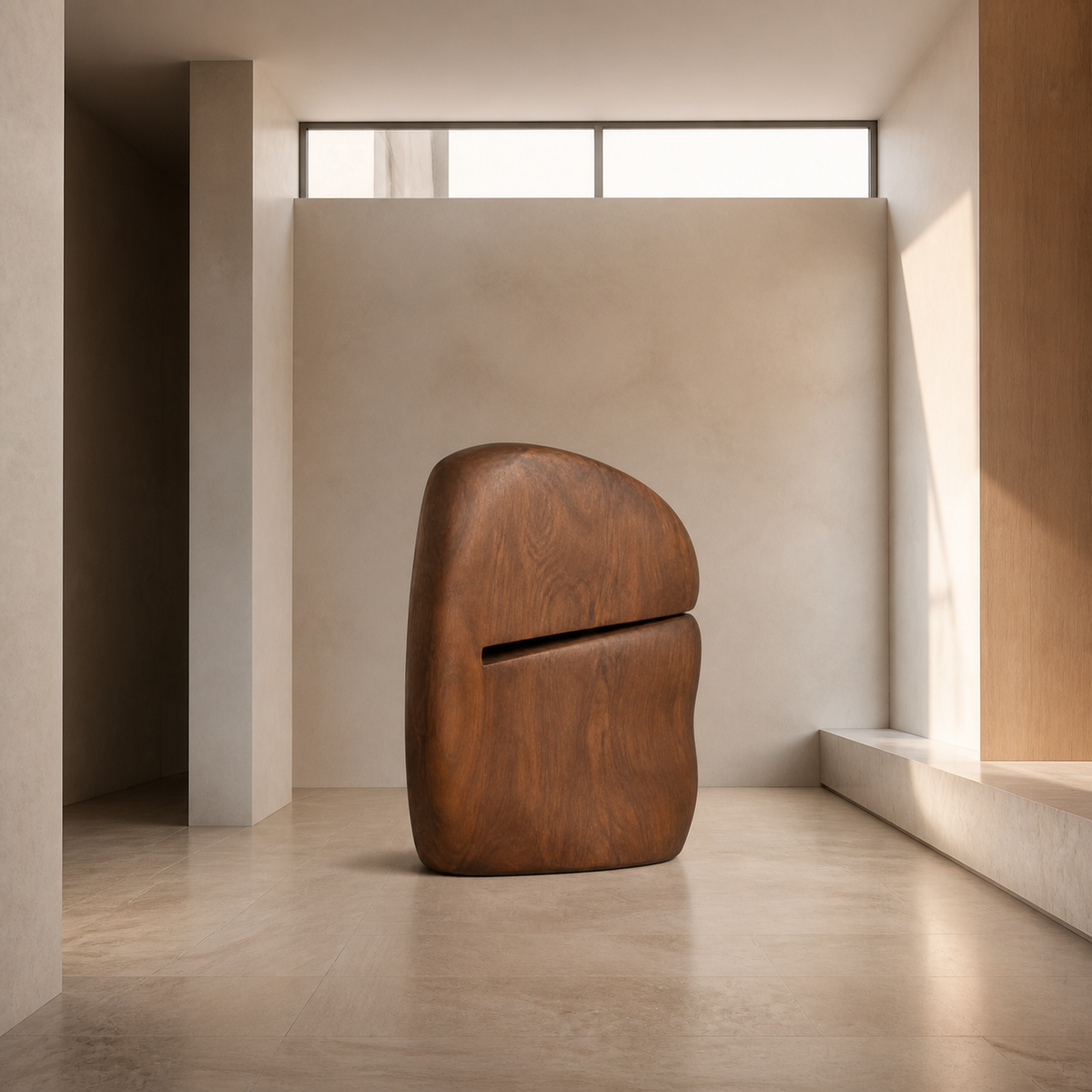 Faulted Crown, teak wood floor sculpture — interior view