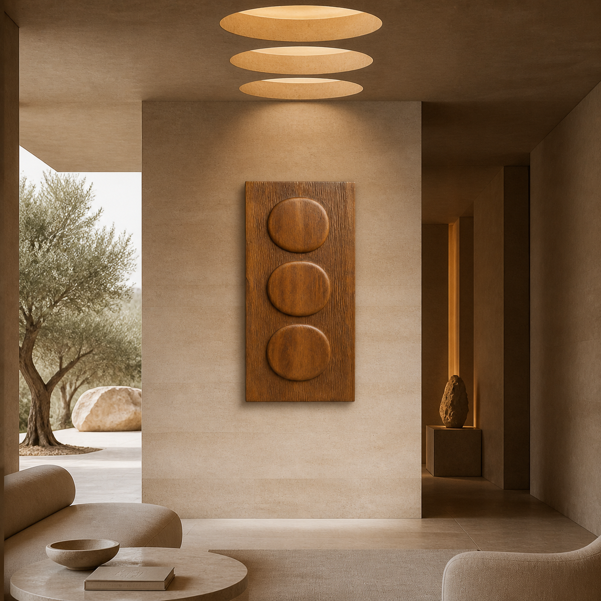 Stacked Halo Relief, carved teak wood wall art — interior view