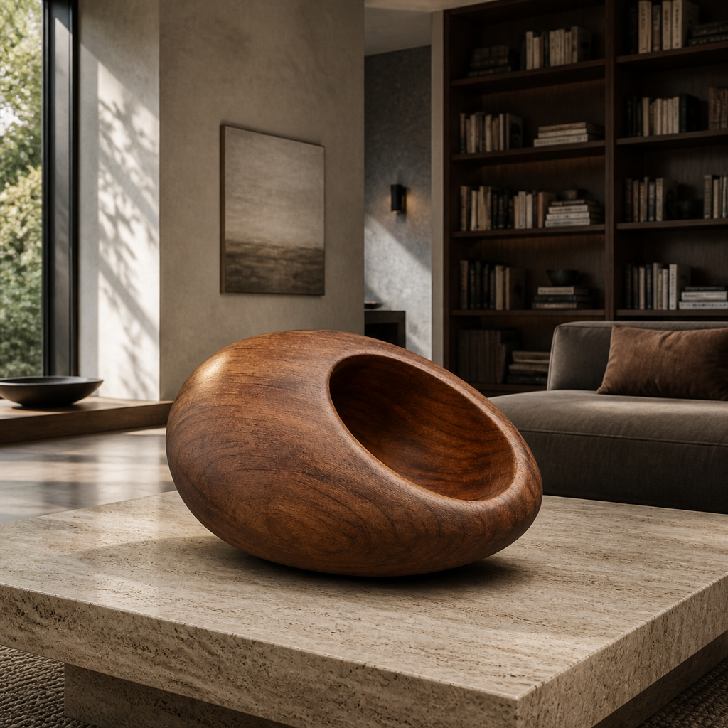 Seed Vessel, teak wood tabletop sculpture — interior view