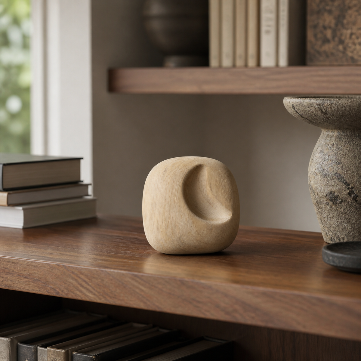Lunar Inset, teak wood tabletop sculpture — interior view