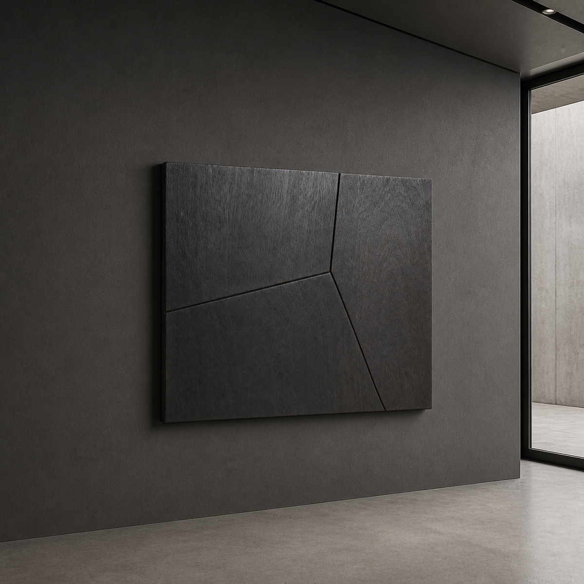 Fragmented Plane Relief, carved teak wood wall art — interior view