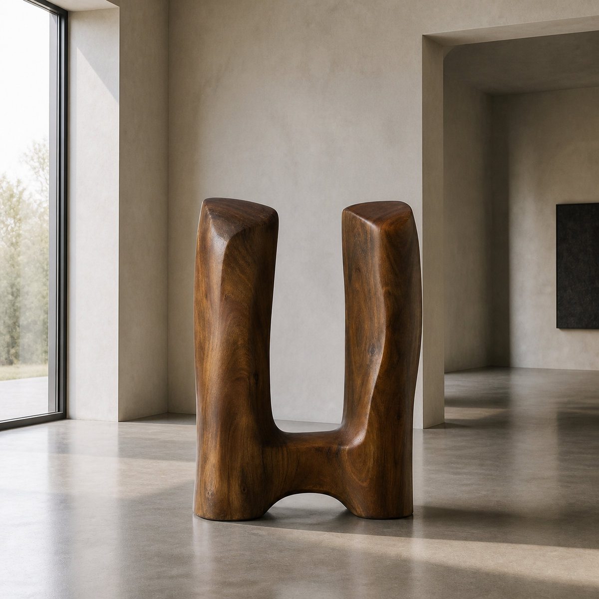 Twin Datum, teak wood floor sculpture — interior view