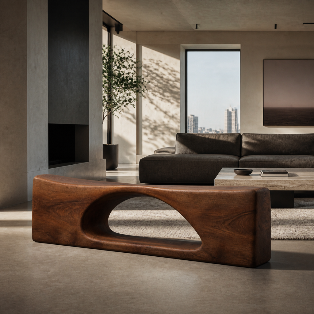 Arc Lintel, teak wood console sculpture — interior view