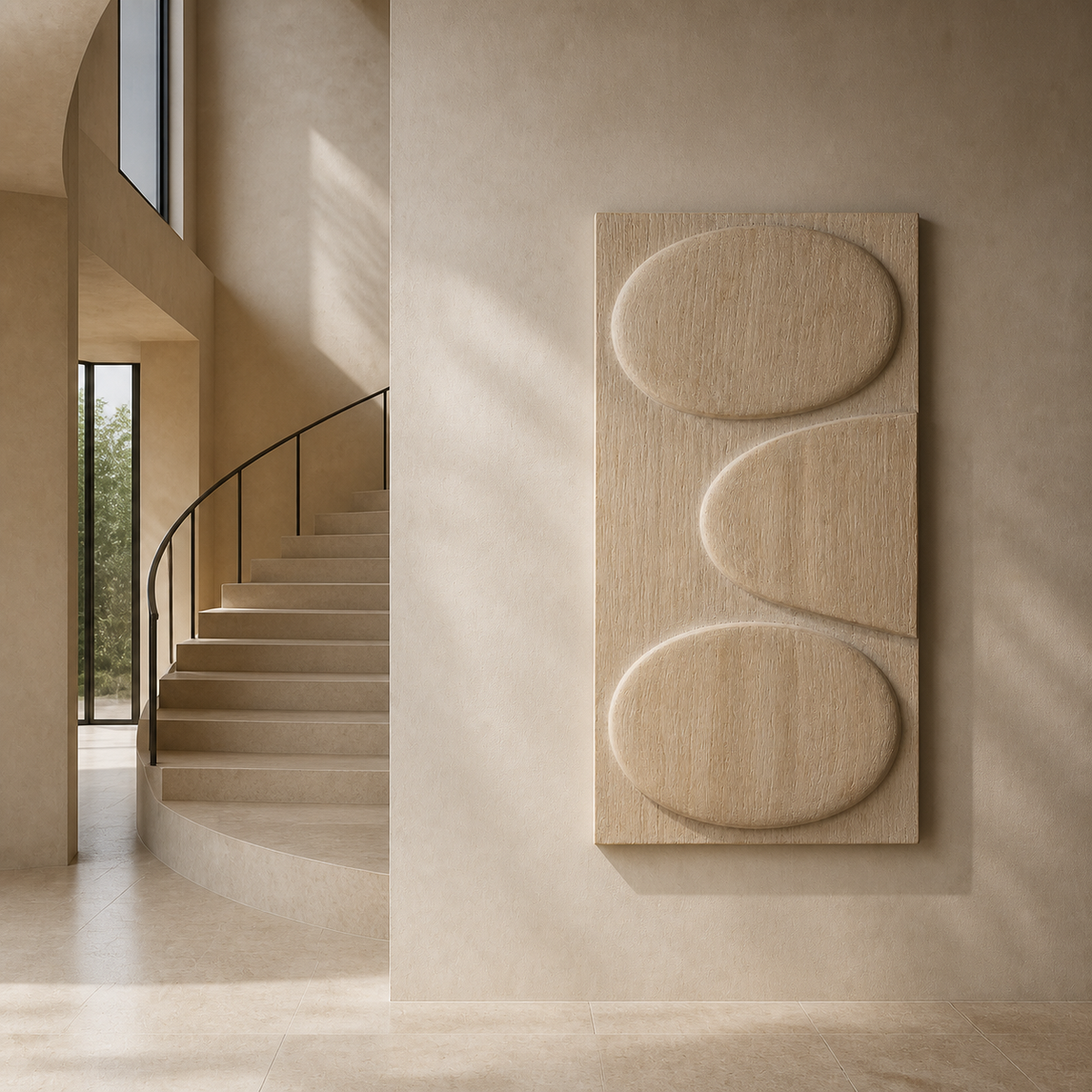 Orbit Stack Relief, carved teak wood wall art — interior view