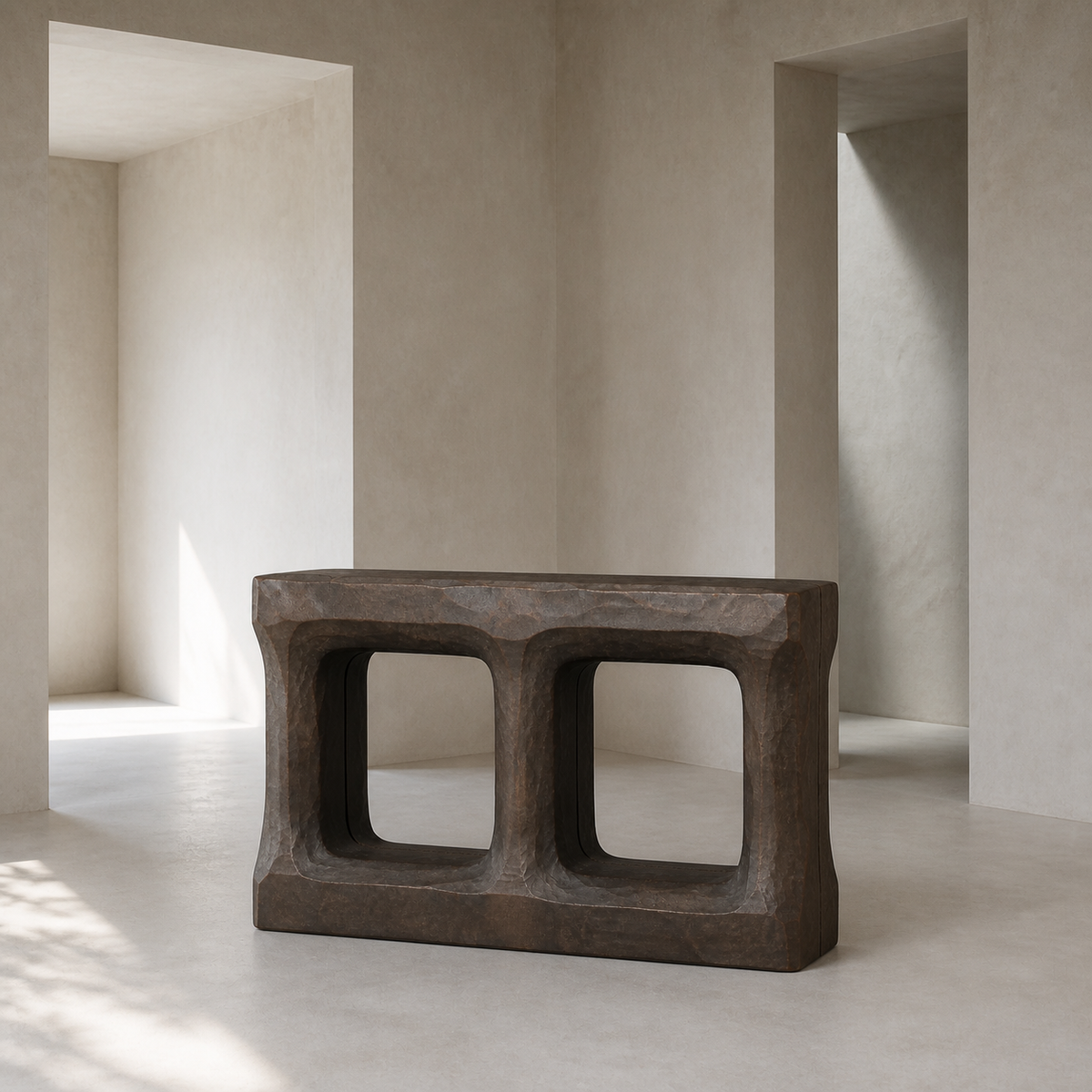 Stacked Threshold, teak wood console sculpture — interior view
