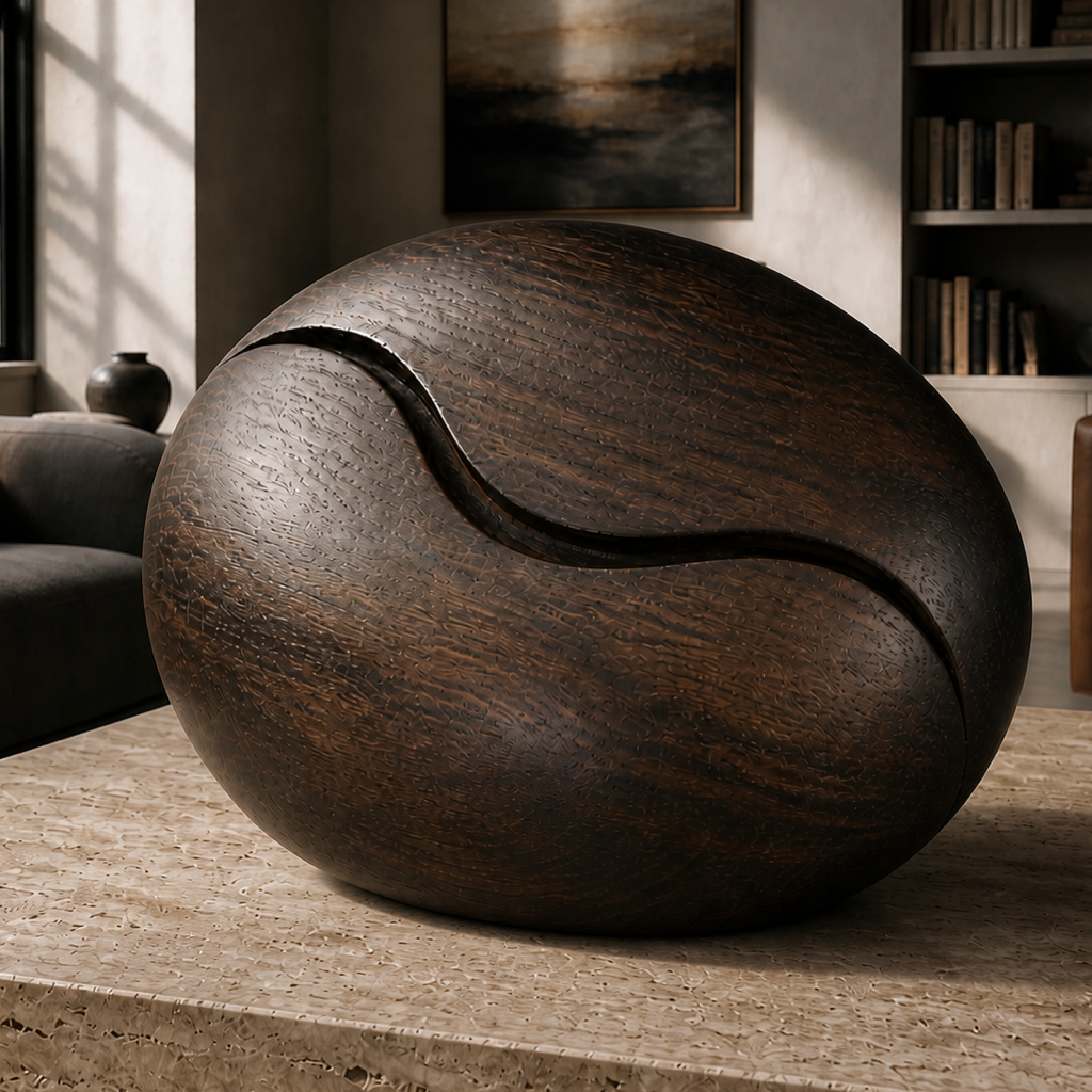 Tide Kernel, teak wood tabletop sculpture — interior view