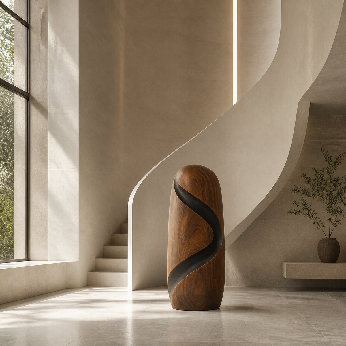 Spiral Rift Monolith, teak wood floor sculpture — interior view