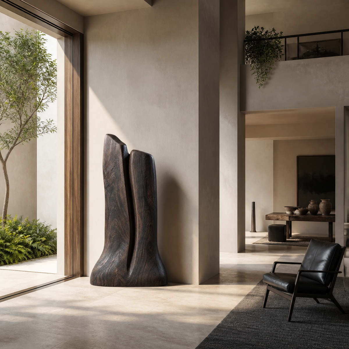 Crown Divide, teak wood floor sculpture — interior view
