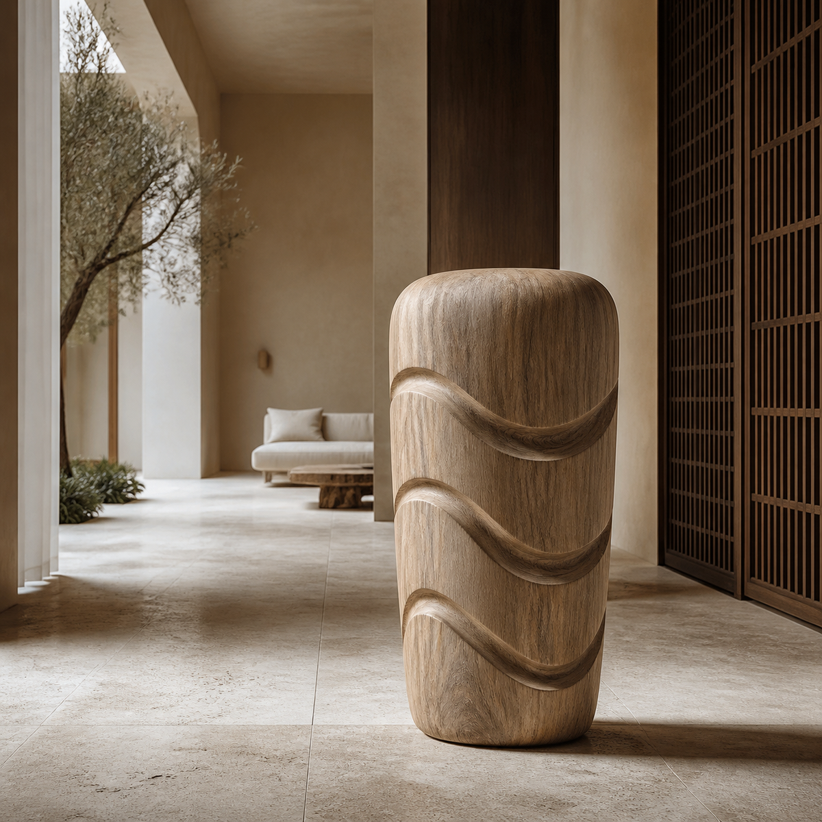 Tidal Column, teak wood floor sculpture — interior view