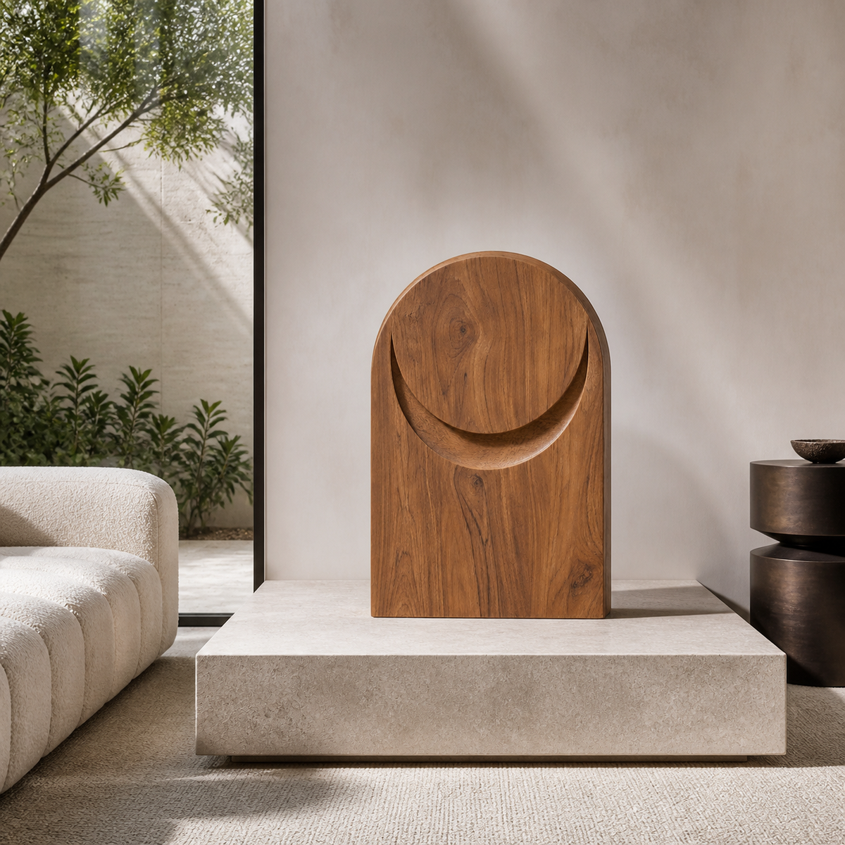 Crescent Plinth, abstract teak wood sculpture — interior view