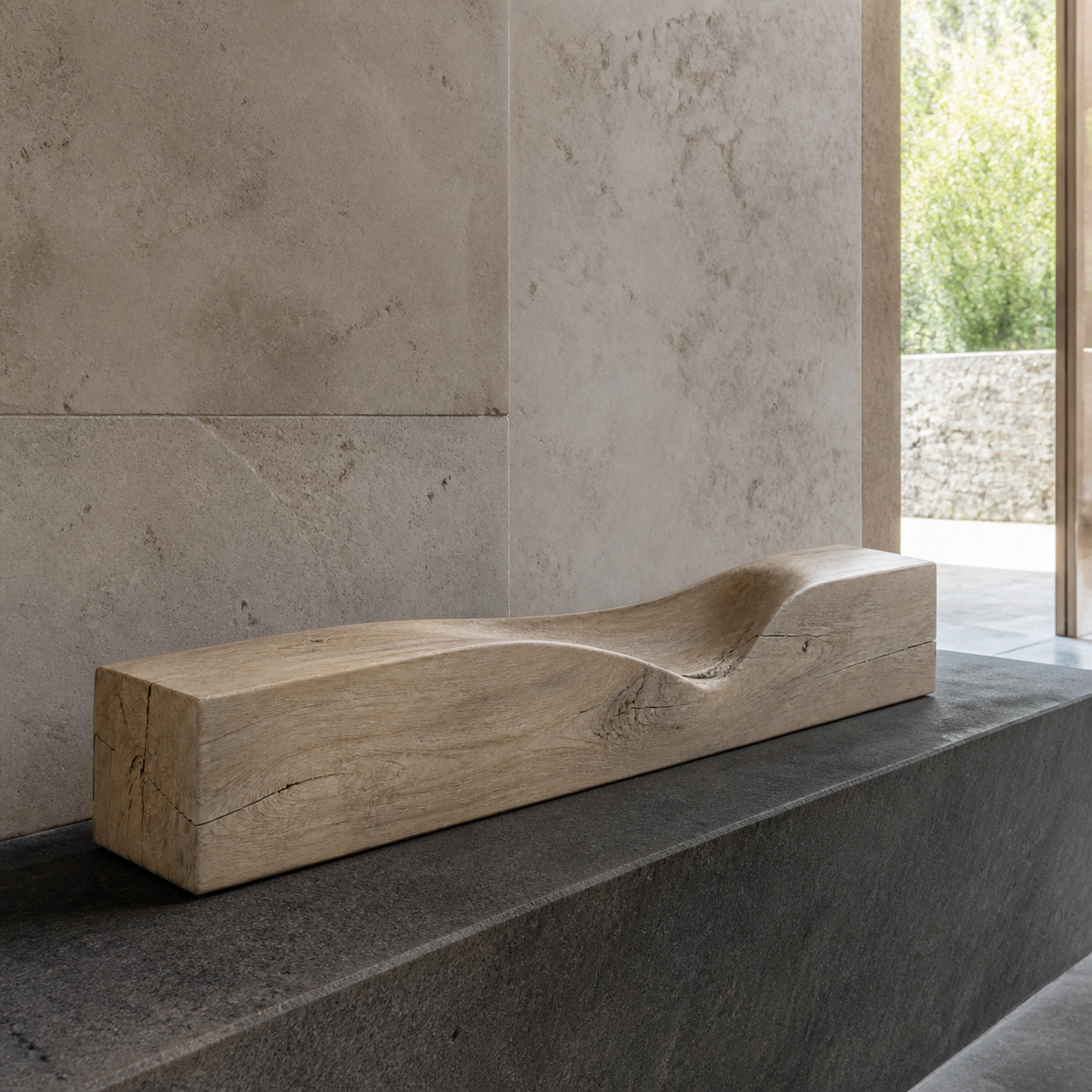 Threshold Beam, teak wood console sculpture — interior view