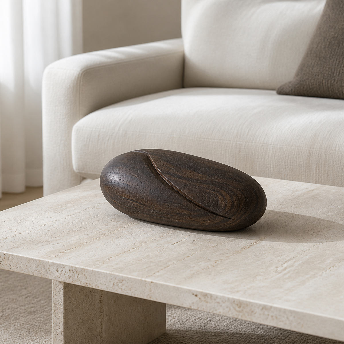 River Stone Study, teak wood tabletop sculpture — interior view