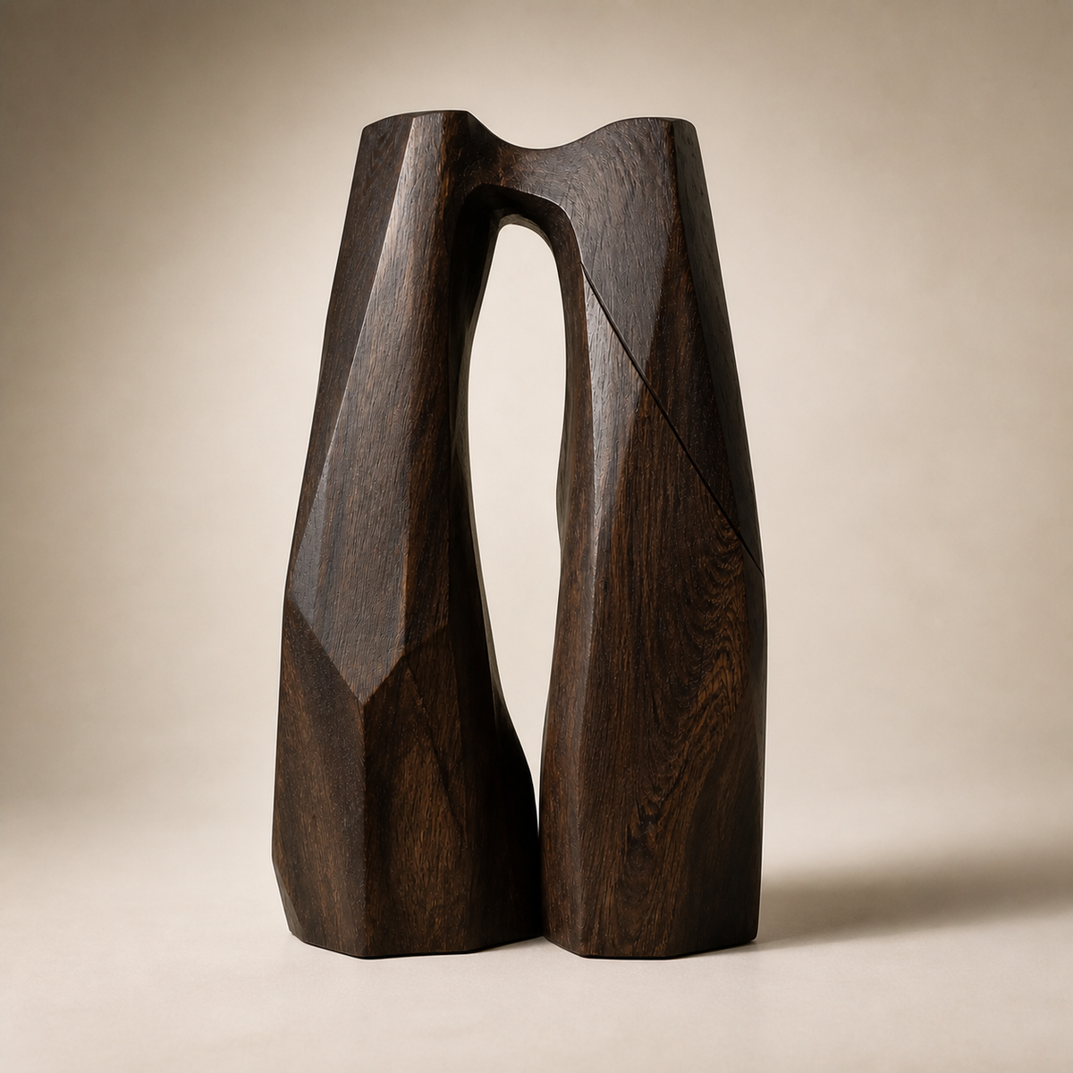 Erosion Gate No. 01, teak wood floor sculpture — three-quarter view