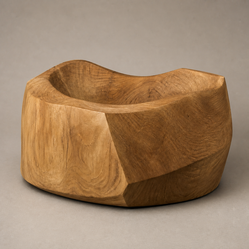 Caldera Plinth, abstract teak wood sculpture — three-quarter view