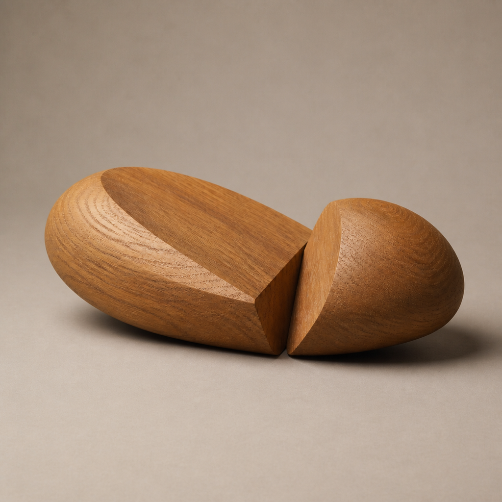 Nucleus Pair, teak wood tabletop sculpture — three-quarter view